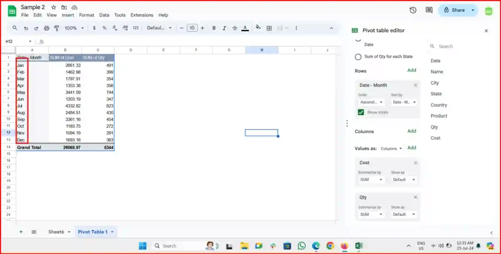 how to show month wise in pivot table