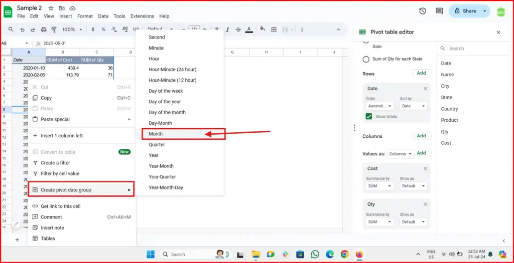 how to display months in ascending order in pivot table