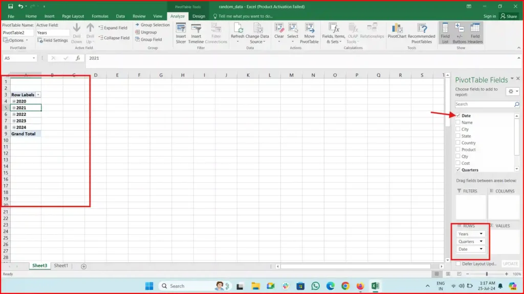 pivot table date showing as year, quarter, month