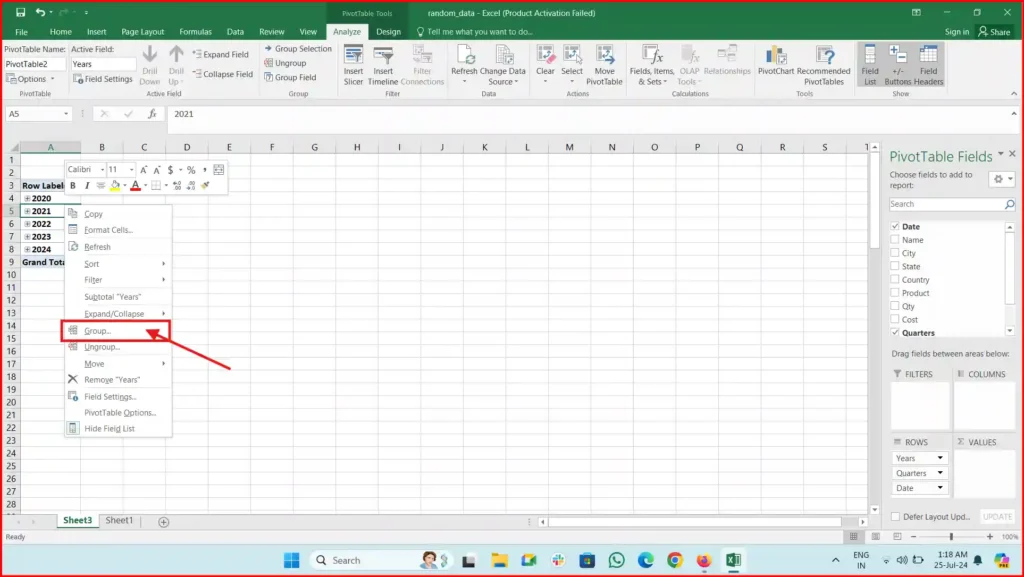 excel pivot table group dates by month and year