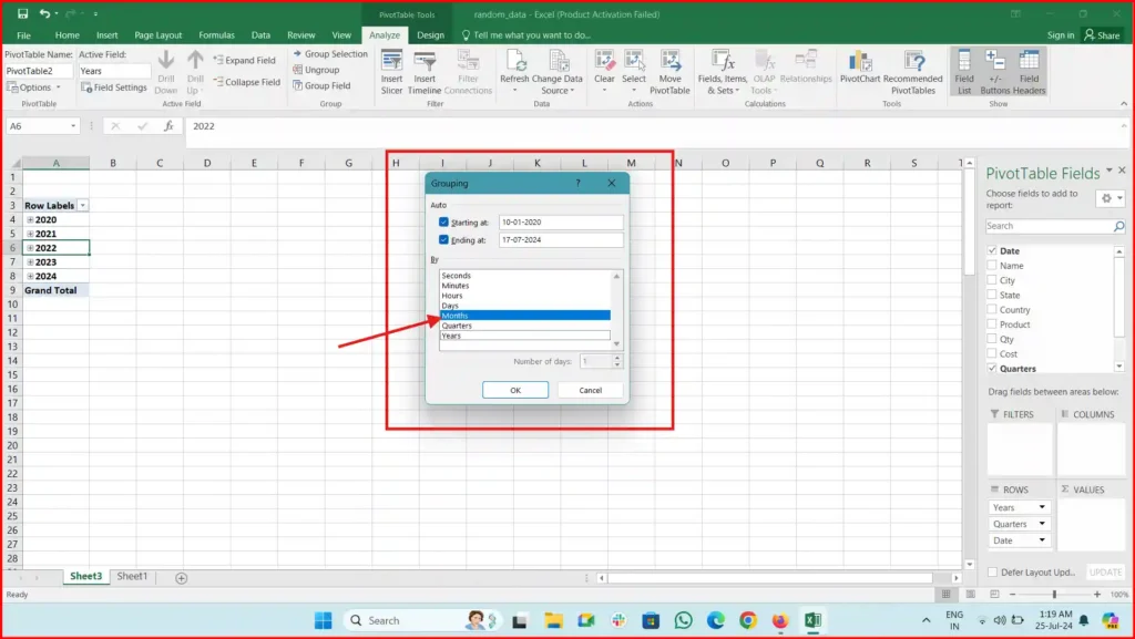 how to get month in order in pivot table