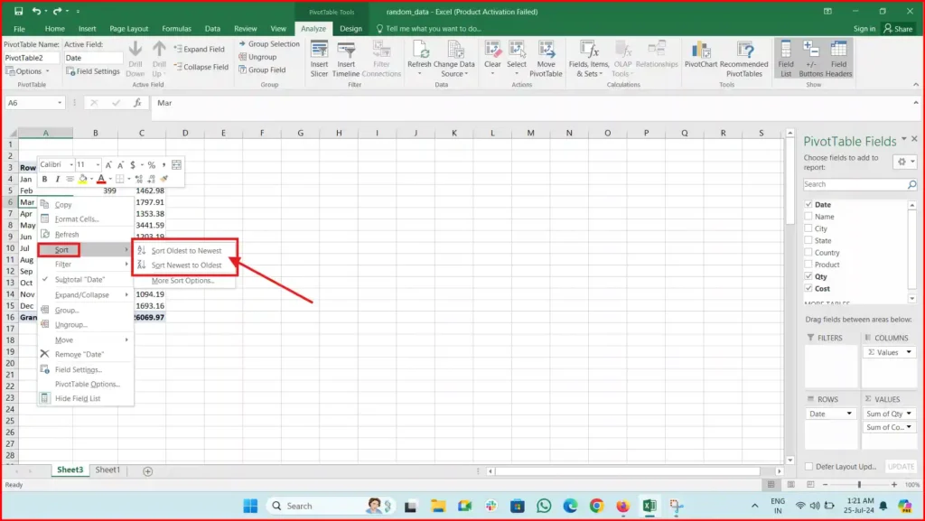ascending months in pivot table excel